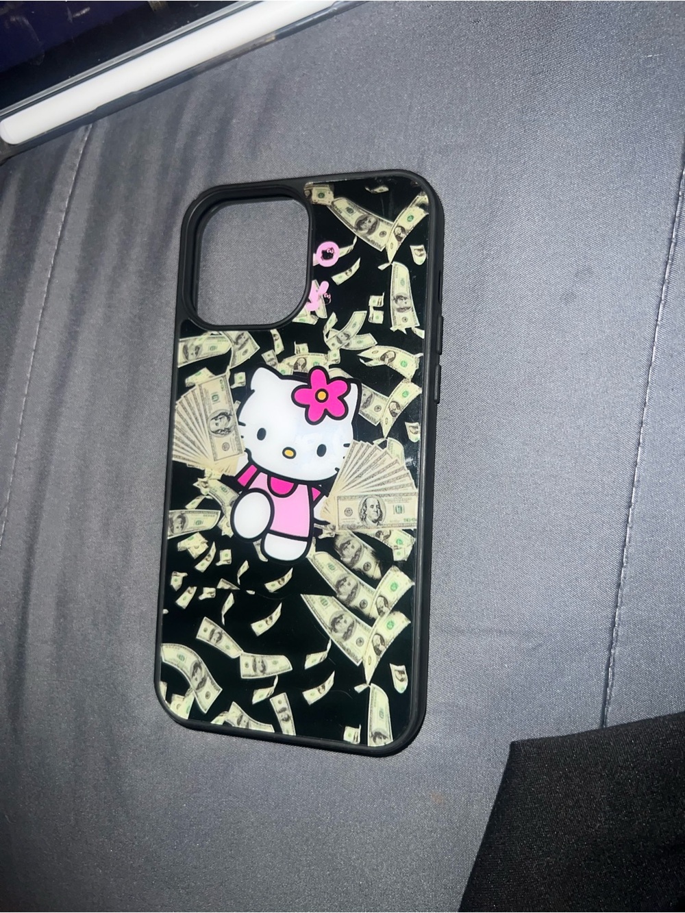 SHEIN Black Hello Kitty Money Print Phone Case with Pink Accents